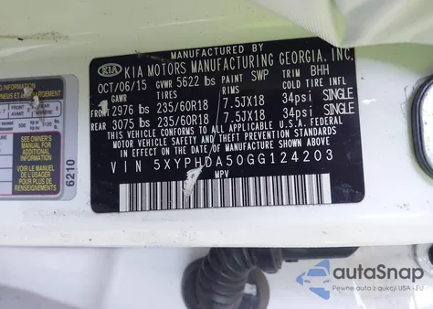 2016 Kia Sorento 3.3L Ex из США, поврежденный, VIN 5XYPHDA50GG124203